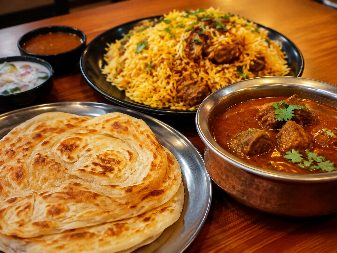 Spread of roti prata, mutton curry and briyani illustrative image