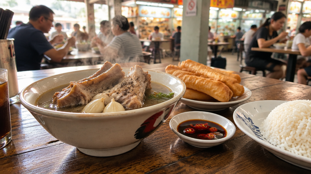 Best Bak Kut Teh In Singapore Worth The Queue (2026) Steaming bowl of Singapore bak kut teh peppery pork rib soup with youtiao and rice at a hawker centre