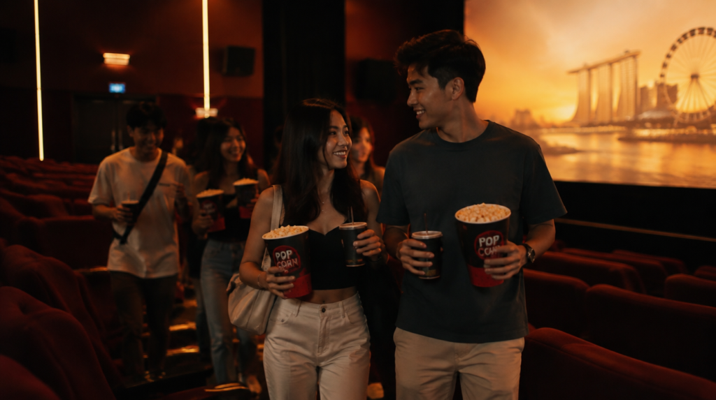 Friends walking down the aisle of a cosy Singapore cinema hall holding popcorn, screen glowing in the background