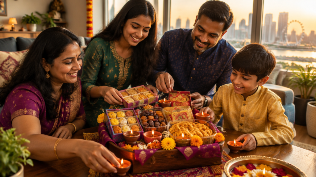 6 Best Deepavali Gift Hampers To Buy In Singapore (2026) Traditional Deepavali gift hamper with diyas, sweets and dried fruits arranged for the festival in Singapore