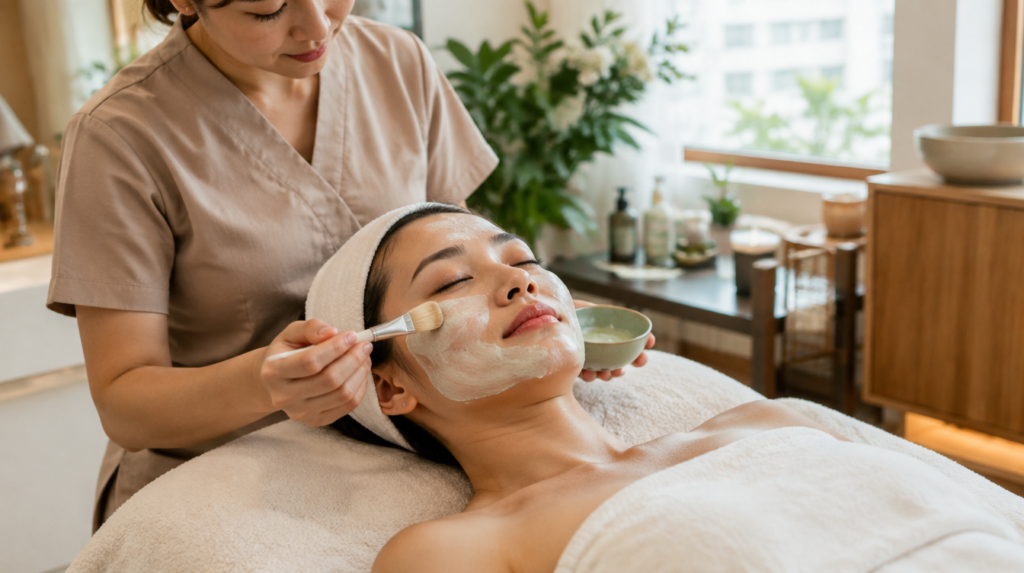 Woman receiving a relaxing facial treatment at a beauty spa in Singapore