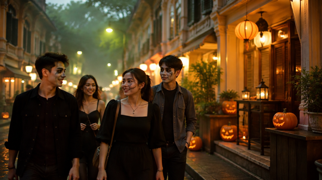 Friends in light Halloween face paint walking down a lantern-lit Singapore shophouse street at dusk