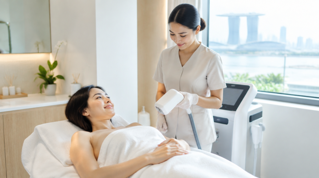 Beauty therapist performing laser hair removal treatment on a client at a Singapore aesthetic clinic