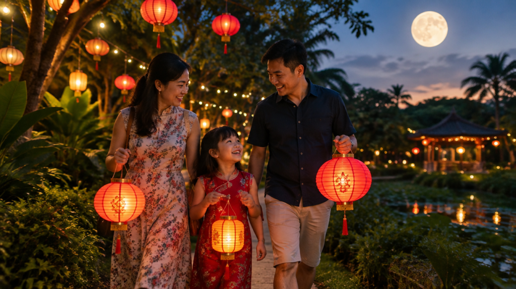 6 Best Mid-Autumn Festival Spots In Singapore (2026) A Singaporean family holding lit paper lanterns while walking through a garden at night during Mid-Autumn Festival
