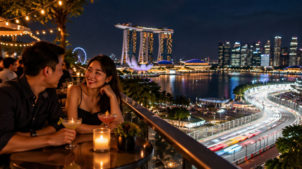 Couple enjoying cocktails at a rooftop bar in Singapore overlooking the Marina Bay skyline and F1 street circuit at night