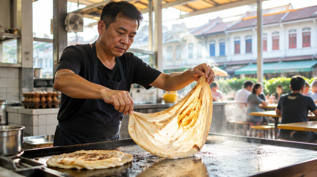 Best Roti Prata In Singapore: 7 Crispy Picks (2026) Cook flipping crispy golden roti prata at a Singapore hawker stall