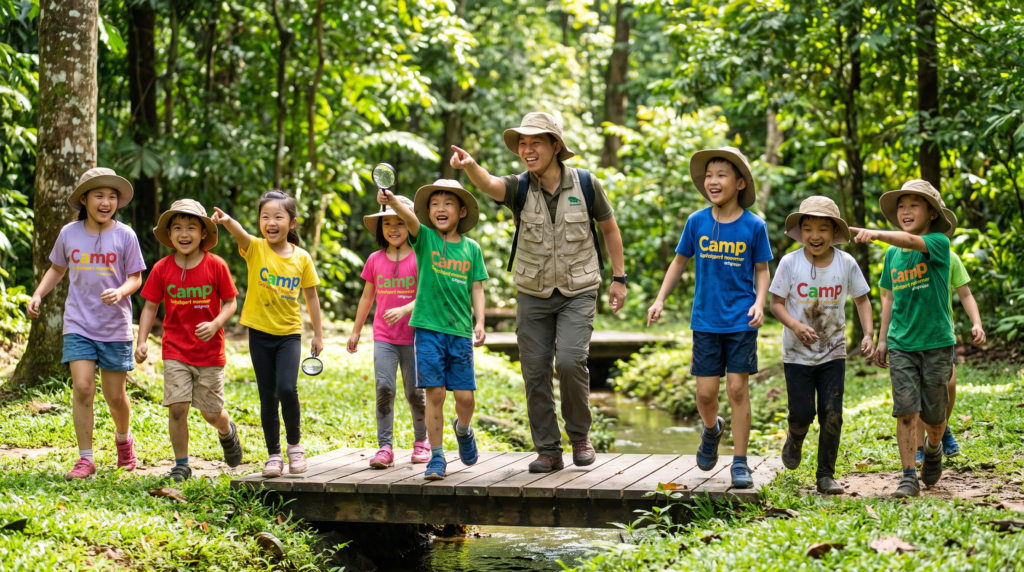 Children enjoying outdoor activities together at a school holiday camp in Singapore
