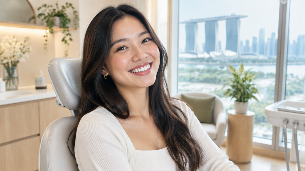 Best Teeth Whitening Services In Singapore (2026 Guide) Woman with a bright white smile relaxing in a modern Singapore dental clinic with a Marina Bay Sands view