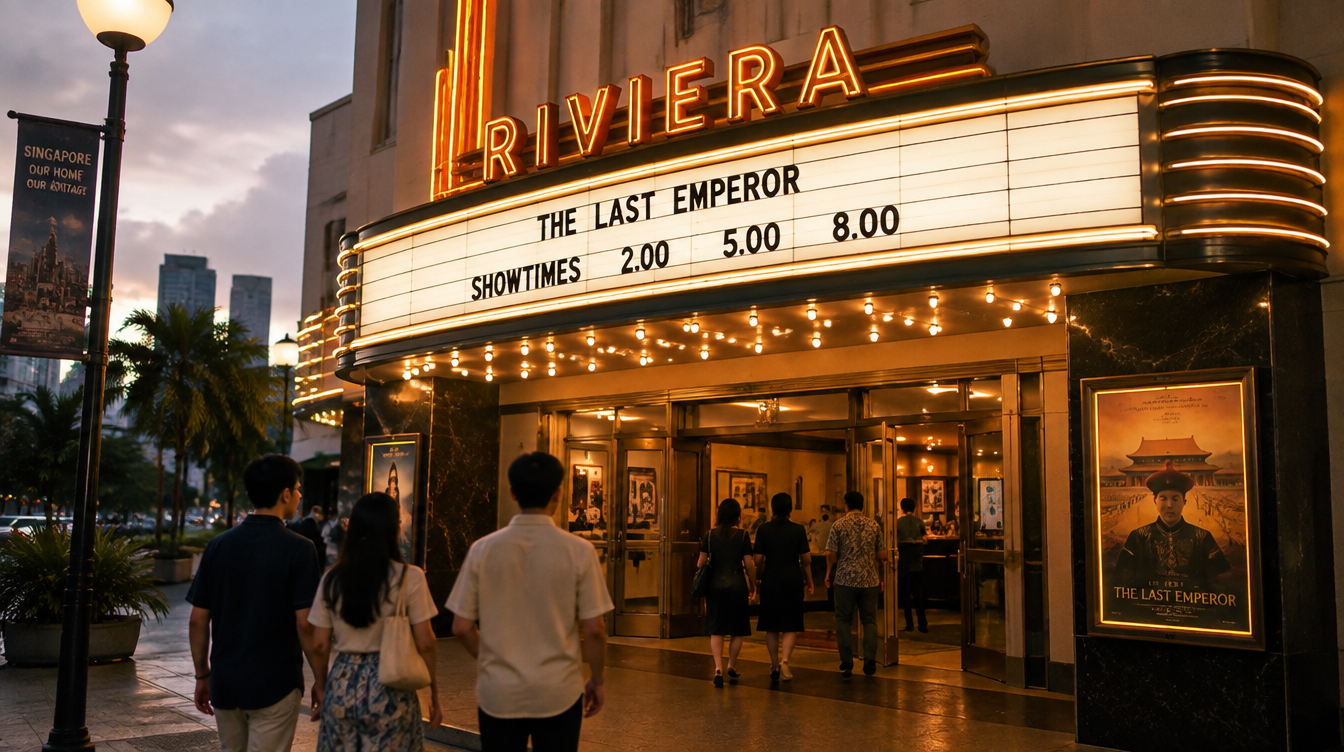Illustrative image of a classic cinema entrance at dusk in Singapore