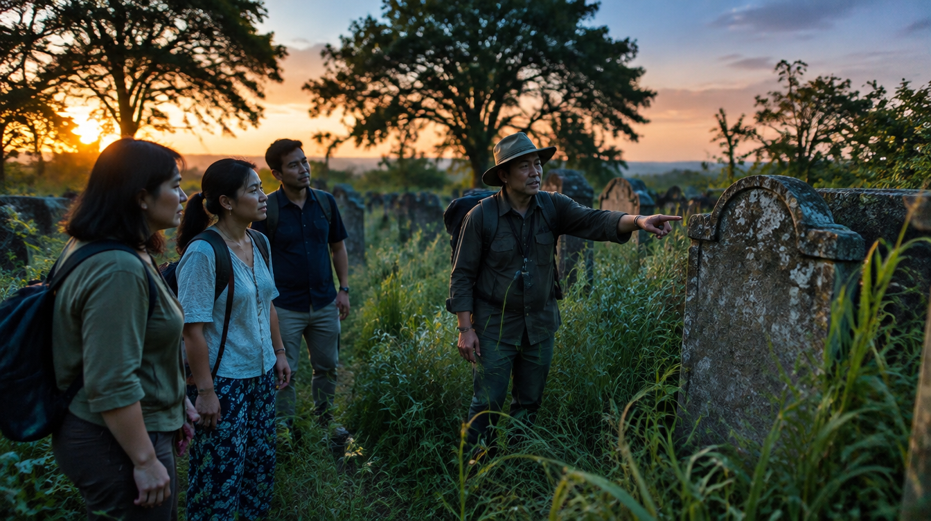 Tour guide pointing at a weathered tombstone in an old Singapore cemetery at dusk