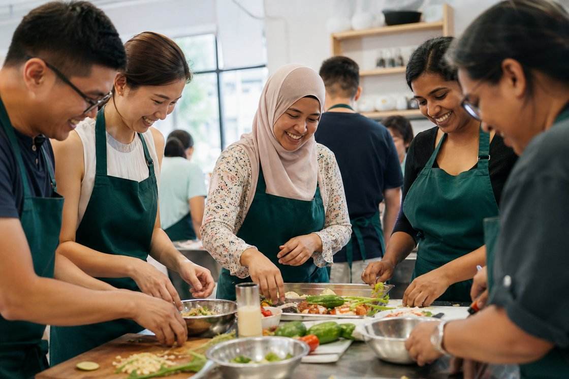 Children cooking together at D'Open Kitchen holiday camp