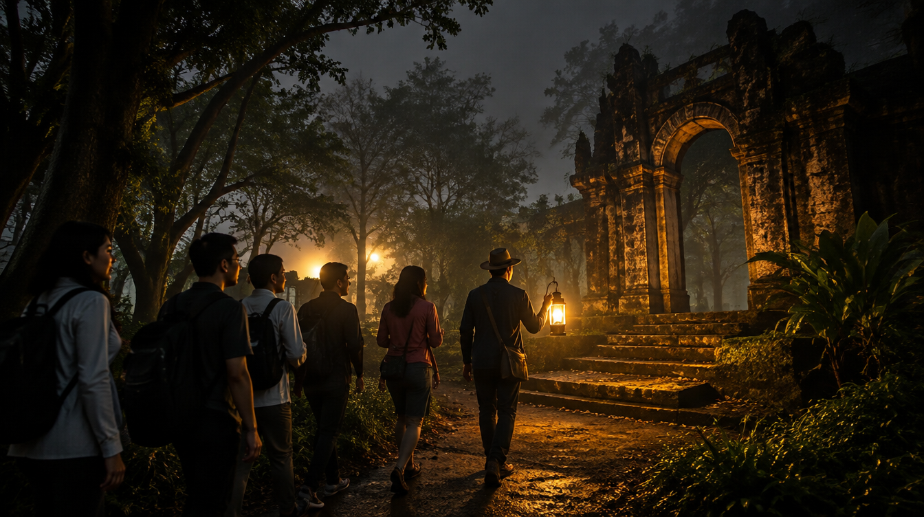 Tour guide leading a small group with a lantern through Fort Canning Park at night