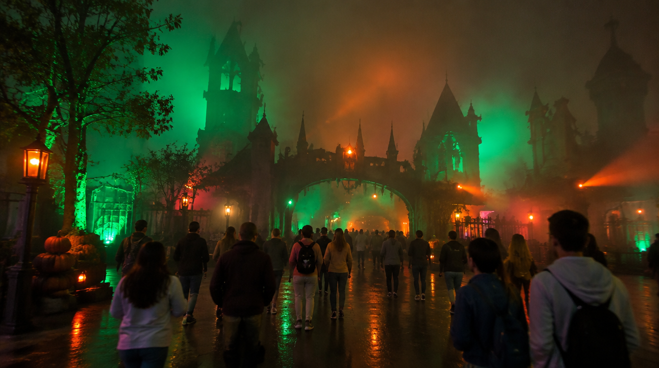 Foggy theme park entrance at night with eerie green lighting for Halloween Horror Nights 14