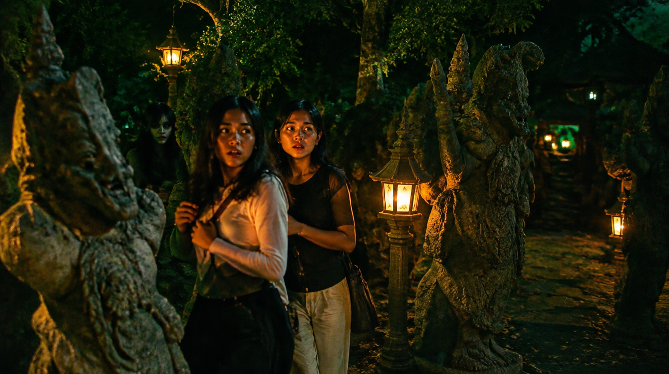 Visitors reacting to a scare among statues at Haw Par Villa at night