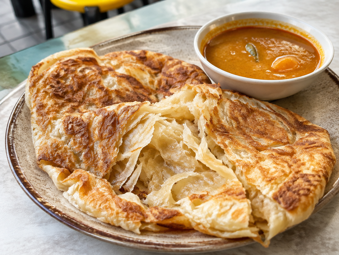 Extra crispy roti prata torn open illustrative image