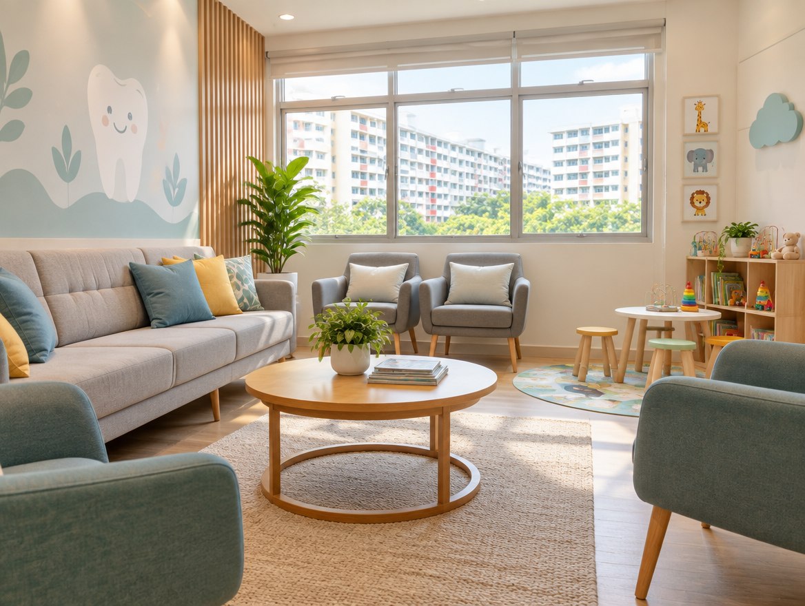 Friendly neighbourhood dental clinic waiting area illustrative image