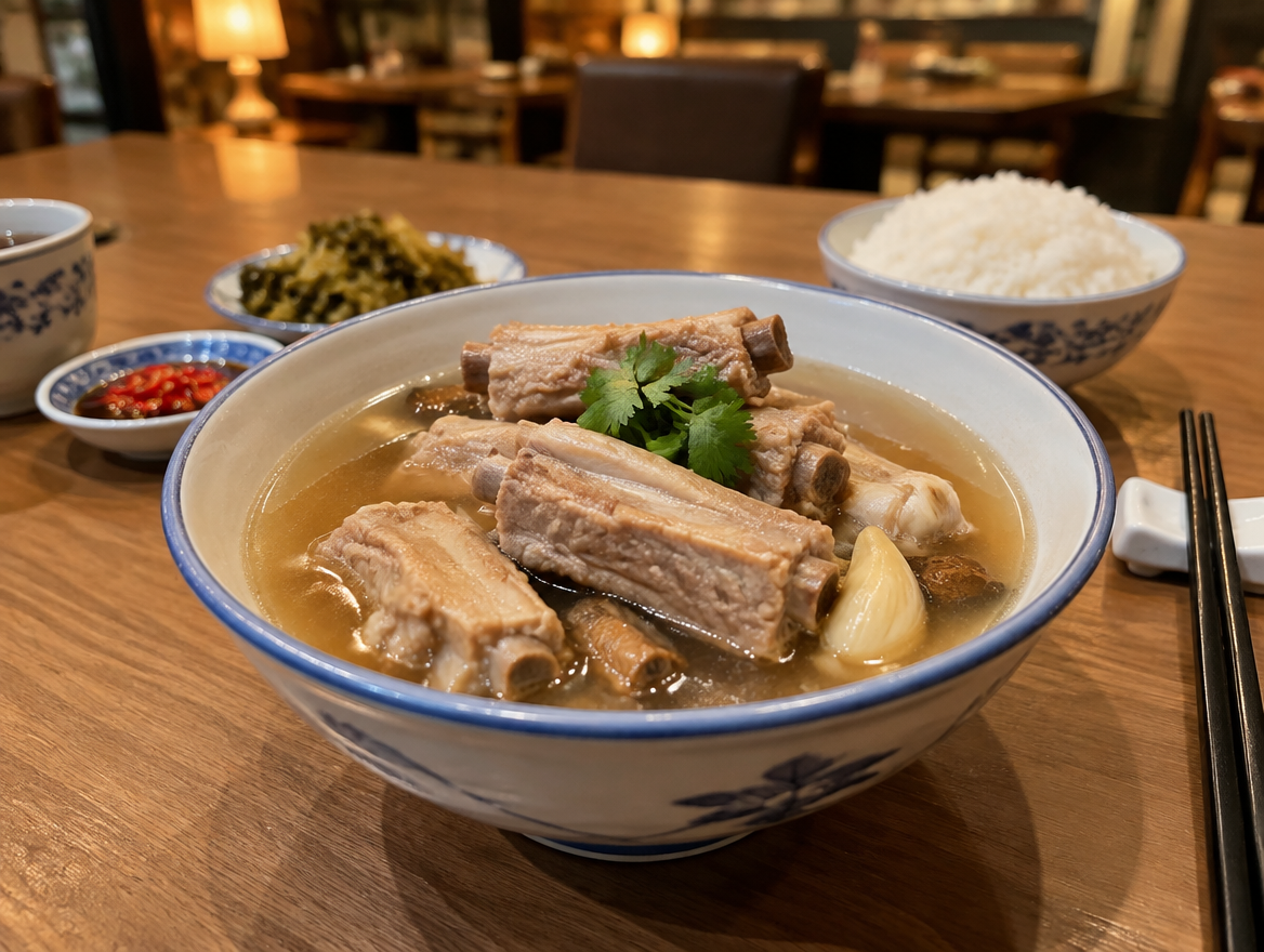 Illustrative image of a bowl of bak kut teh in a restaurant setting