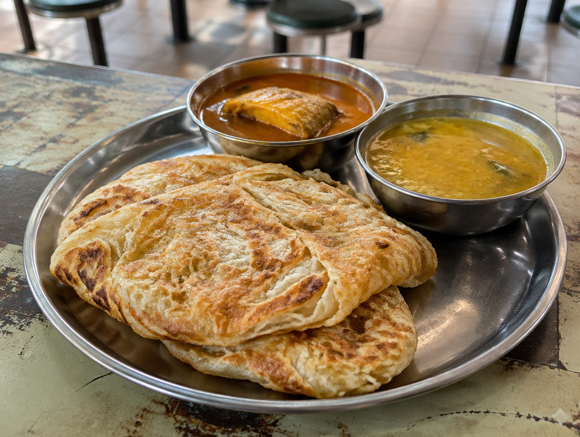 Crispy roti prata with fish curry and dhal illustrative image