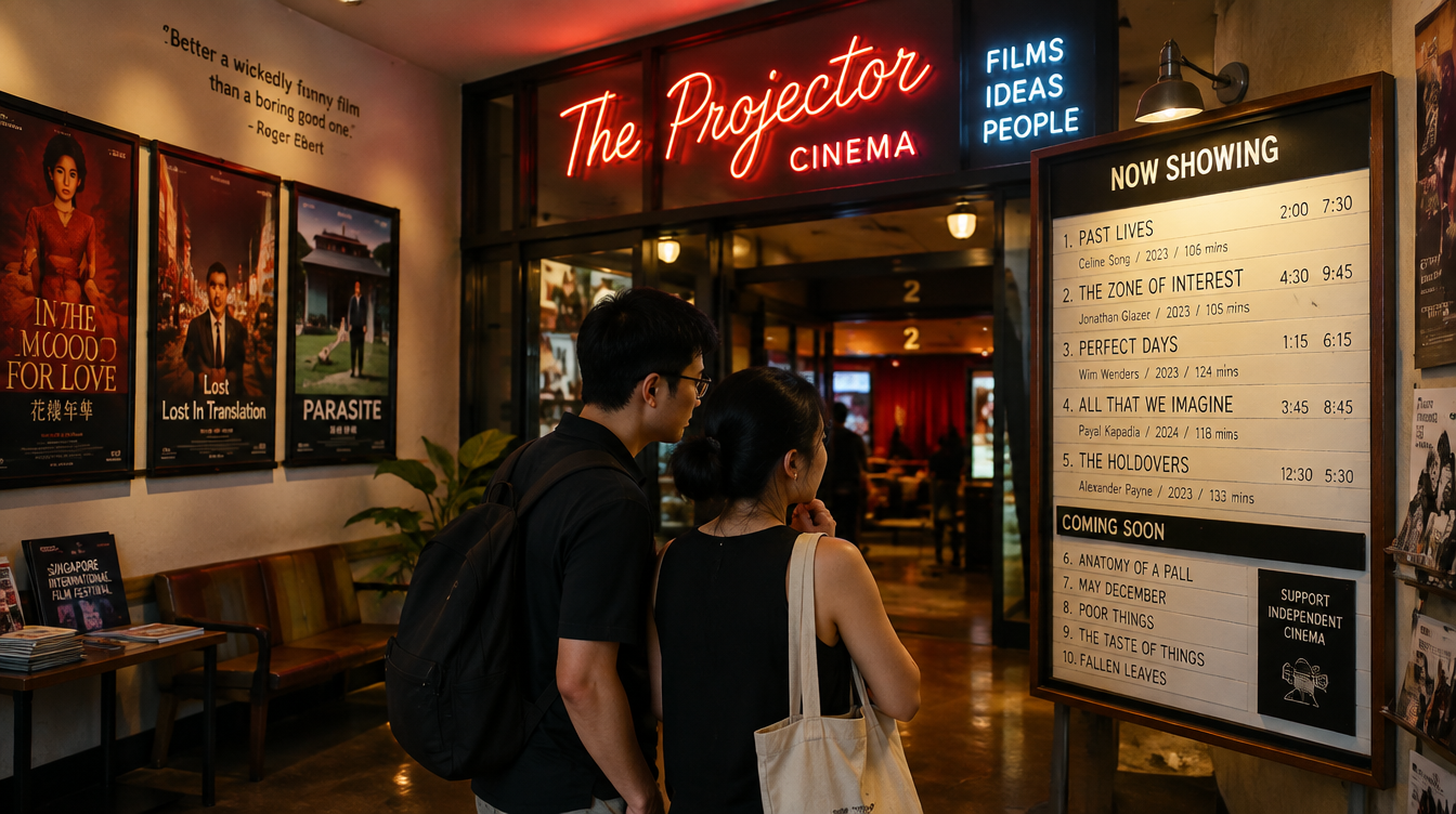 Illustrative image of a retro indie arthouse cinema lobby in Singapore