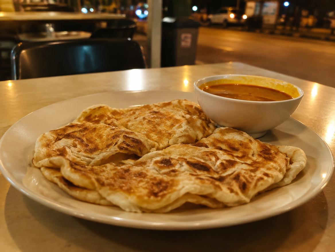 Roti prata with curry sauce at a late-night eatery illustrative image