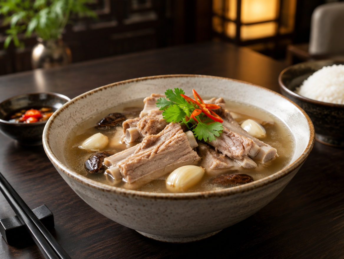 Illustrative image of a contemporary presentation of pork ribs soup