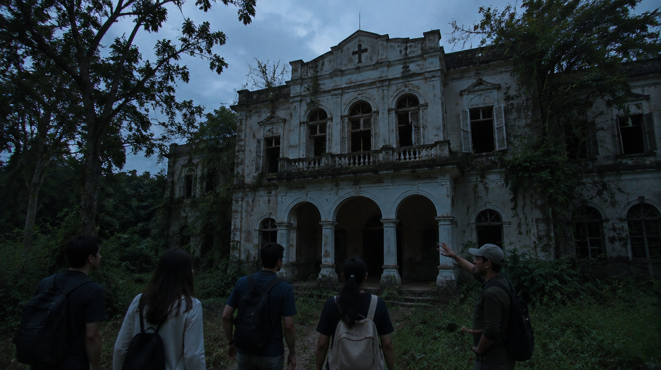 Small group of visitors viewing the old abandoned Changi hospital building at dusk