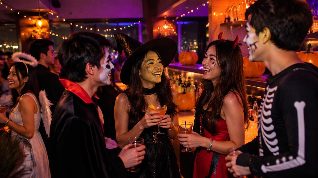 Guests in Halloween costumes socialising at a Zouk Halloween party