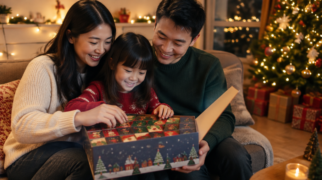 Family in Singapore opening a Christmas advent calendar together at home