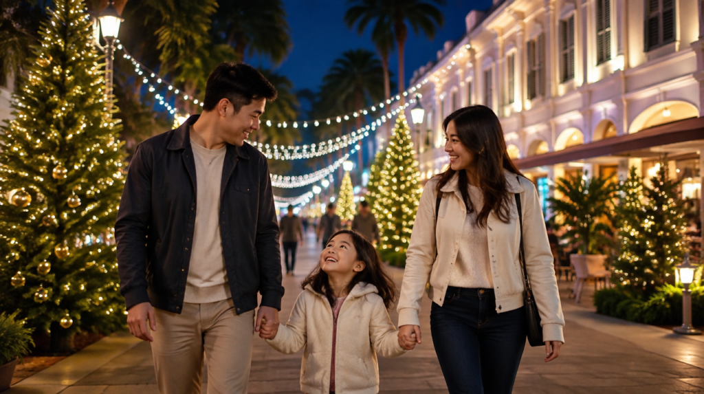 Family walking past illuminated Christmas trees and fairy lights along a festively decorated Singapore street at night