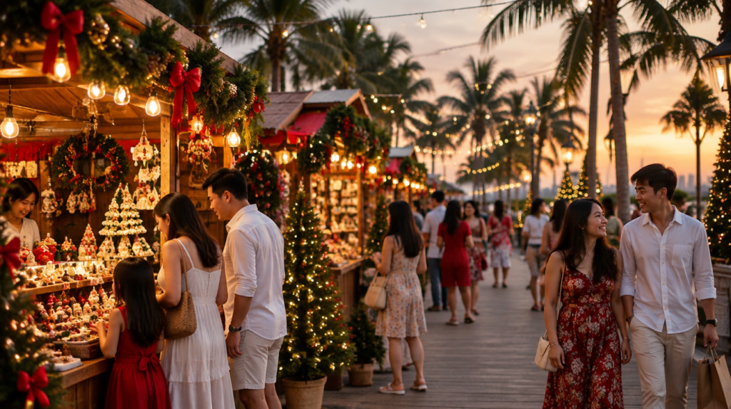 7 Best Christmas Markets & Bazaars In Singapore (2026) Families browsing a festive Christmas market with fairy lights and wooden stalls in Singapore