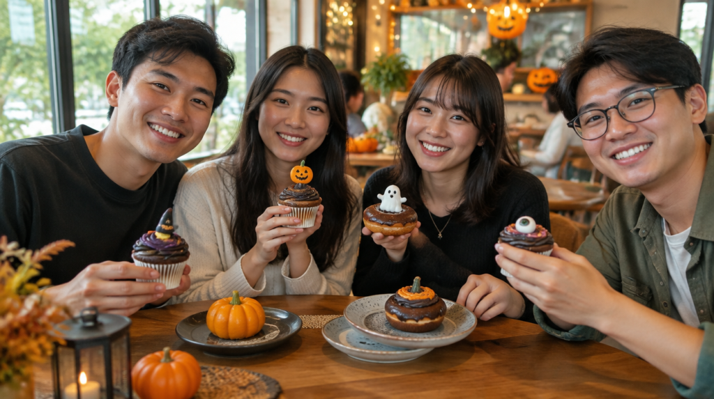 7 Best Halloween-Themed Desserts In Singapore For 2026 Friends enjoying Halloween-themed desserts and doughnuts at a cafe table in Singapore