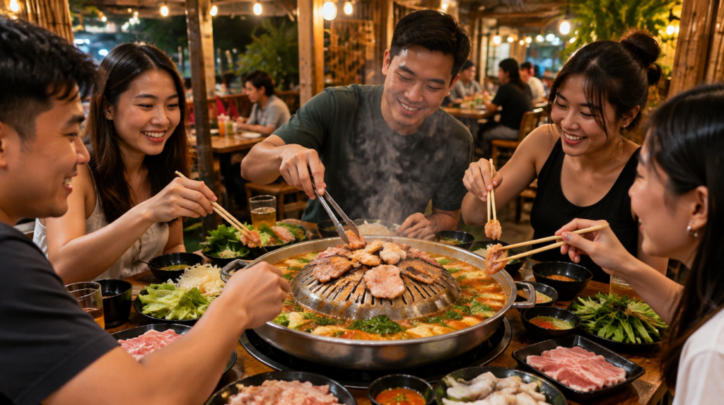 Friends grilling meat together over a mookata Thai BBQ steamboat pot at a Singapore restaurant