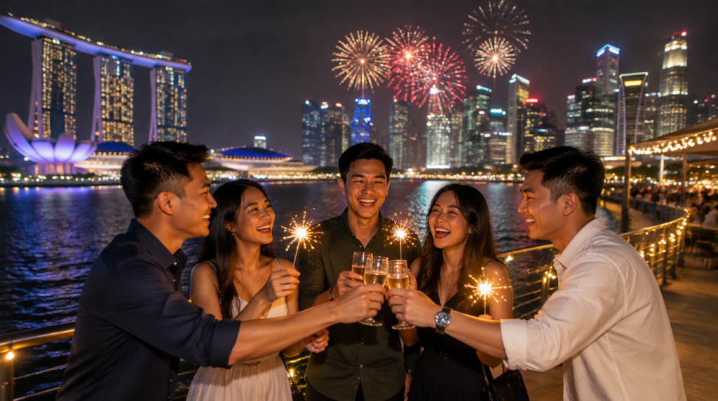 Friends celebrating New Year's Eve countdown with fireworks over the Marina Bay Singapore skyline