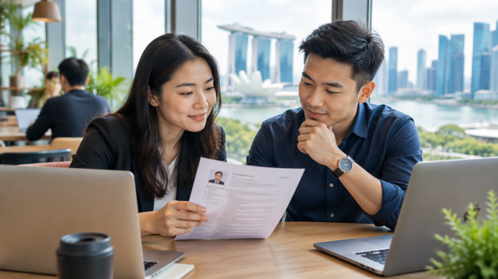 Two professionals reviewing a printed resume together at a co-working space in Singapore