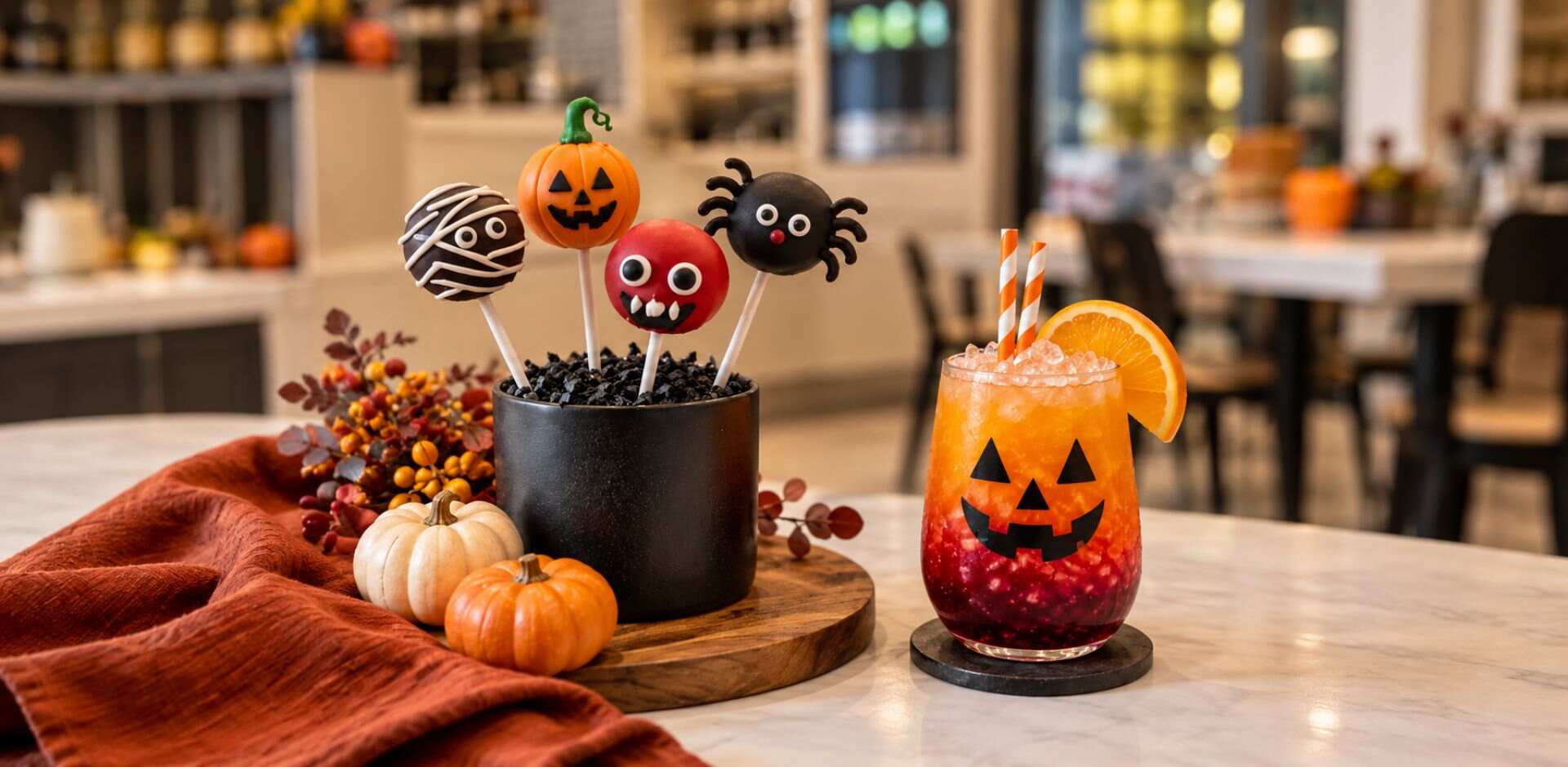 Children's Halloween cake pops and mocktails from the buds by Shangri-La Bake and Shake workshop