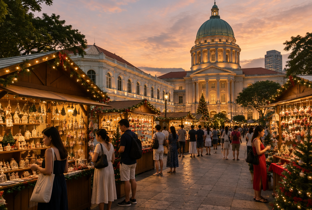 Craft stalls strung with fairy lights in front of the domed Capitol Singapore building at dusk