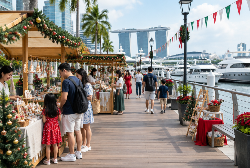 Families browsing craft stalls along the Quayside Isle marina boardwalk