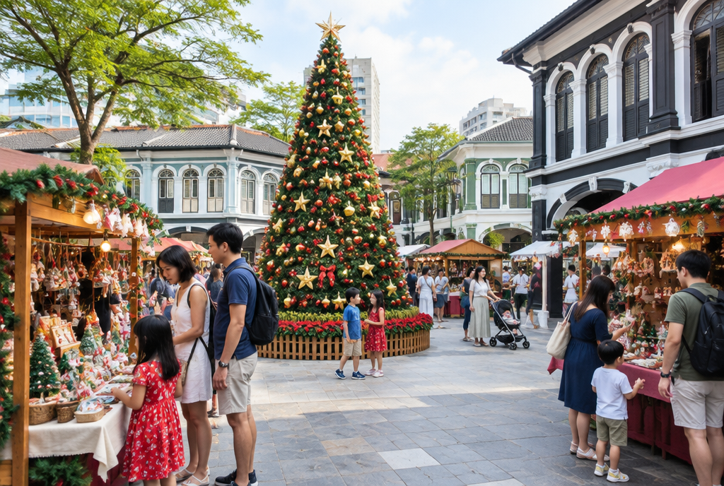A decorated Christmas tree and craft stalls at Cluny Court outdoor plaza