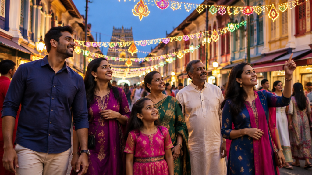 Families walking under festive Deepavali lights on a decorated street in Little India, Singapore