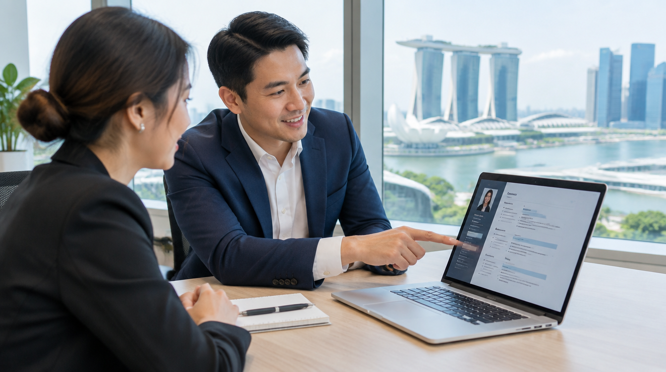 Career consultant reviewing a resume with a client in Singapore