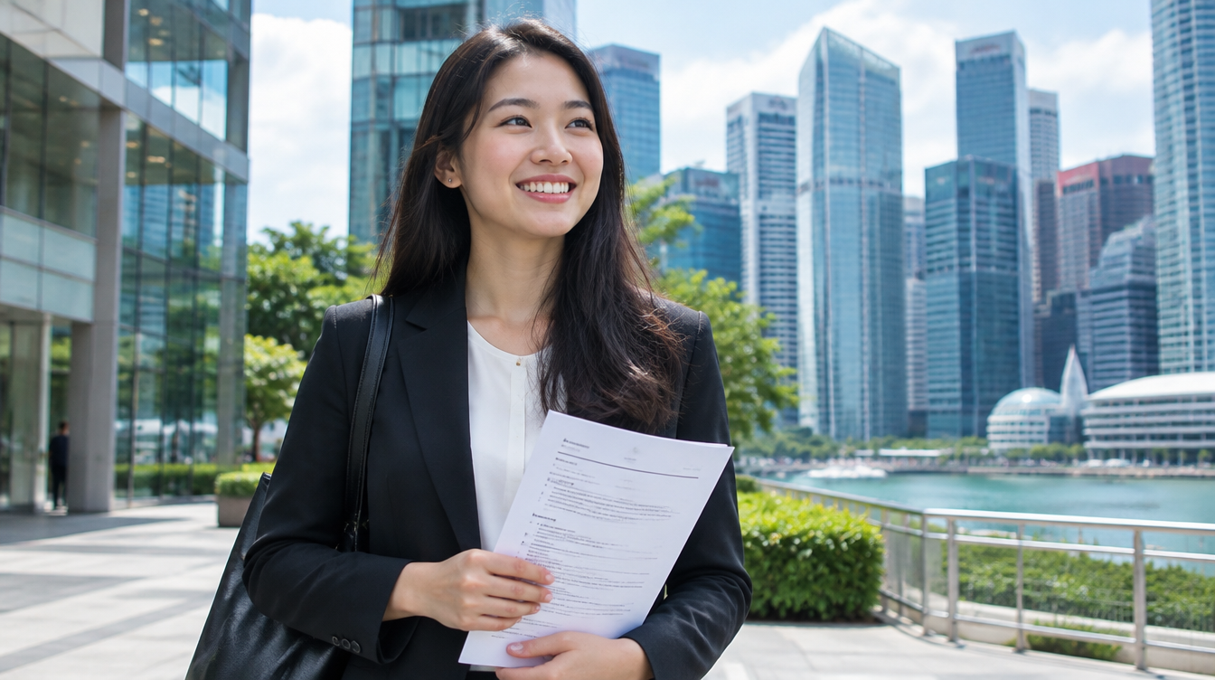 Jobseeker reviewing a professionally written resume outside a Singapore office building