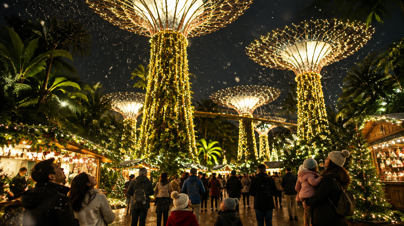 Illuminated tree-like light sculptures at a festive garden market with falling snow effect