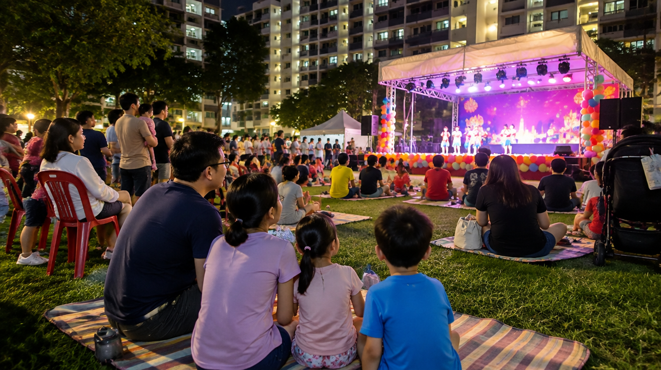 Family-friendly heartland countdown party crowd in Singapore
