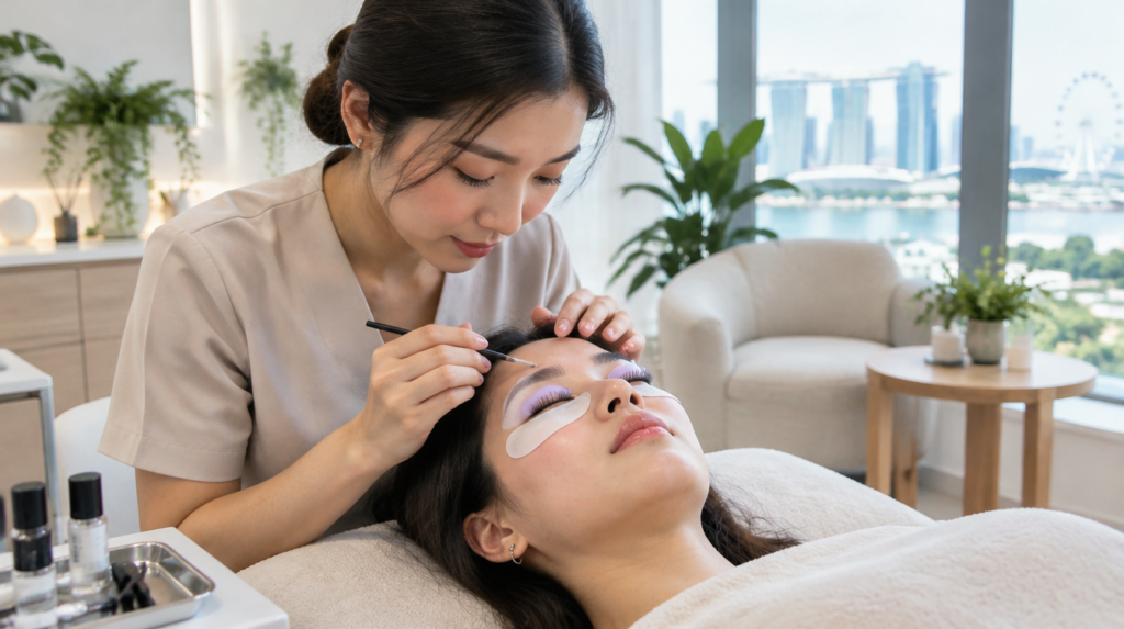 Beautician performing a lash lift treatment on a client at a Singapore beauty salon