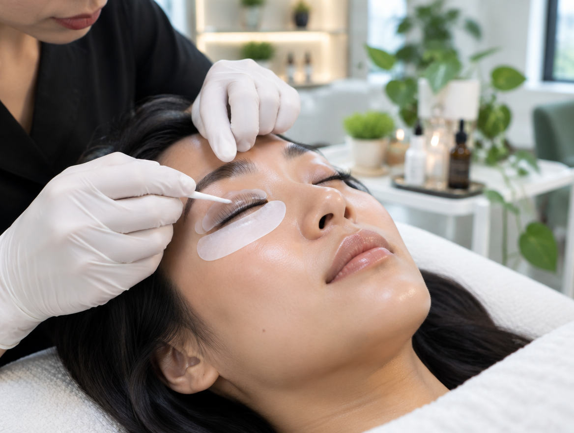 Illustrative close-up of a beautician applying a lash lift treatment