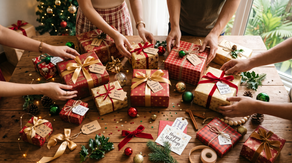 Friends unwrapping white elephant and Secret Santa gifts at a festive gathering in Singapore