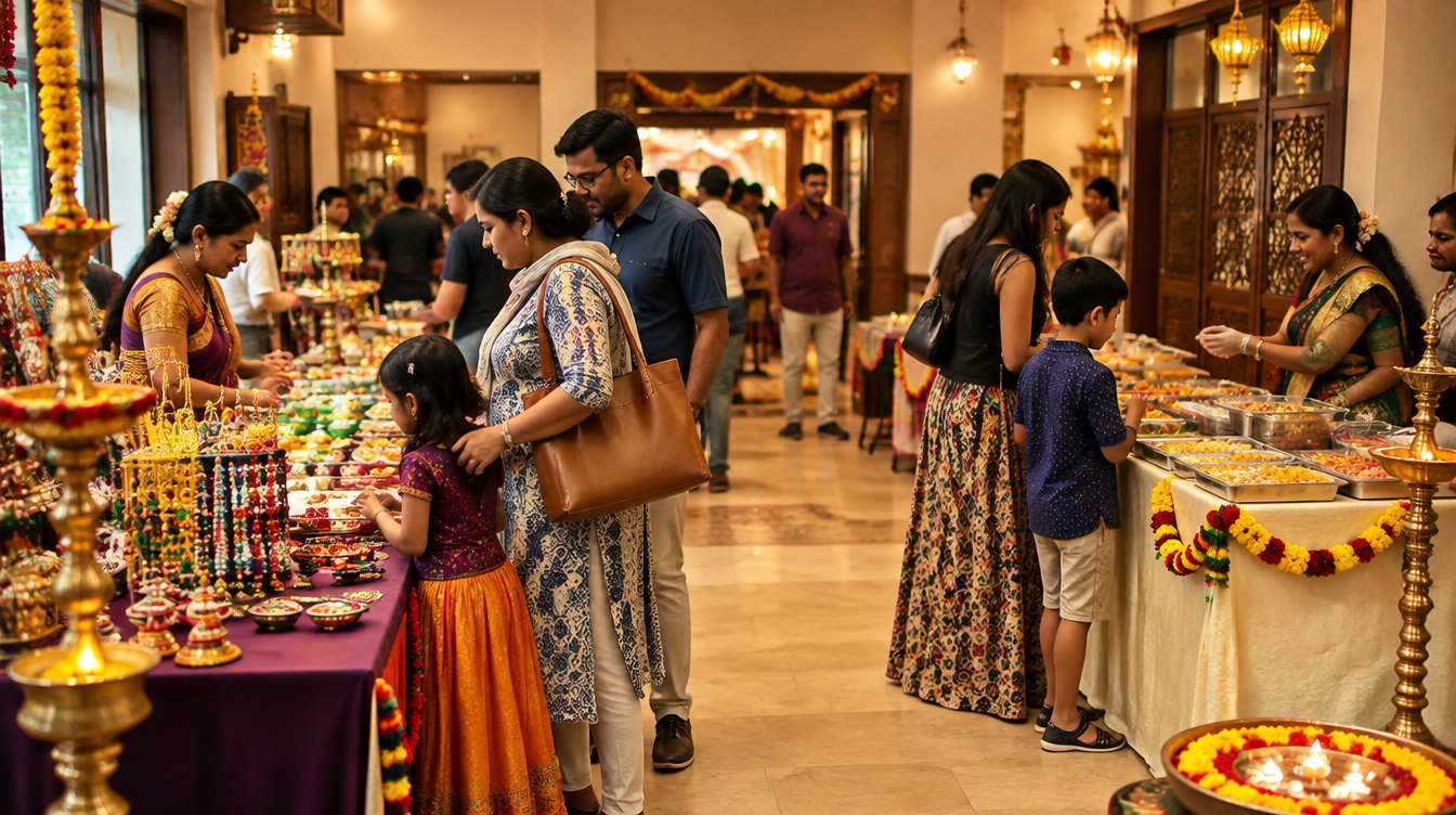 Families browsing a festive indoor bazaar at the Indian Heritage Centre Deepavali Open House