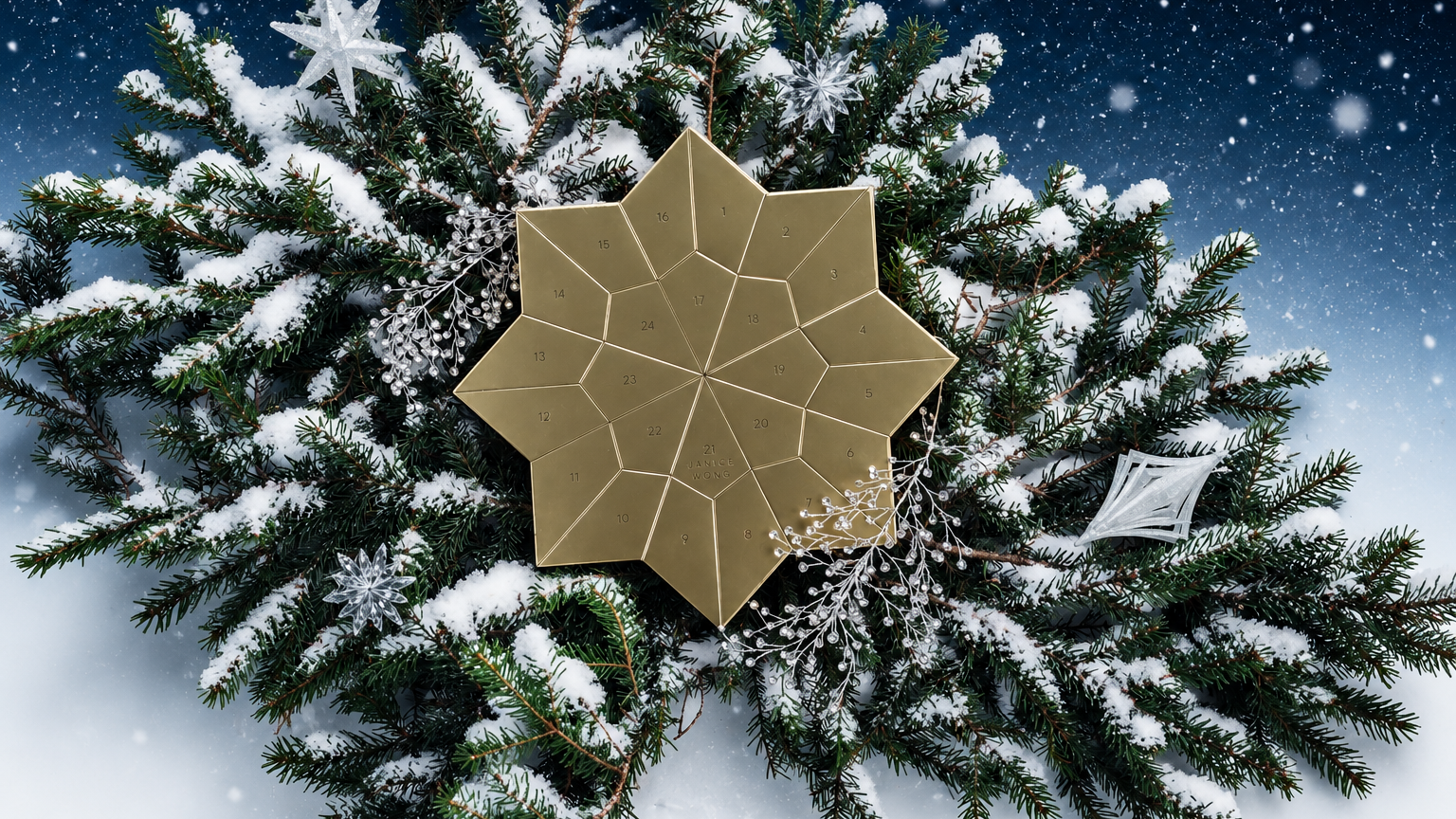 Janice Wong gold star-shaped advent calendar on a snowy pine wreath