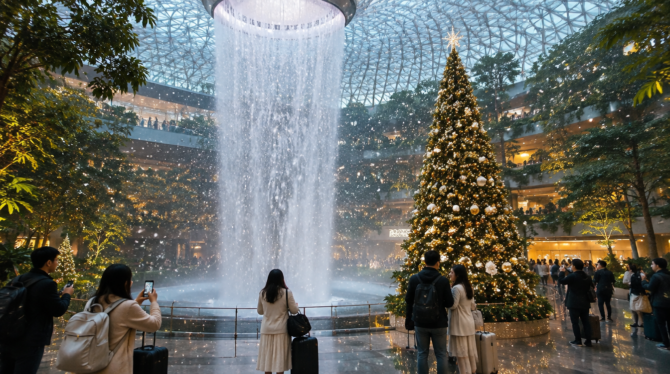 Travellers photographing a Christmas tree beside an indoor waterfall feature with falling snow confetti
