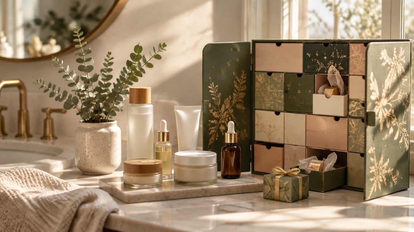 Skincare advent calendar with bottles and jars, illustrative image